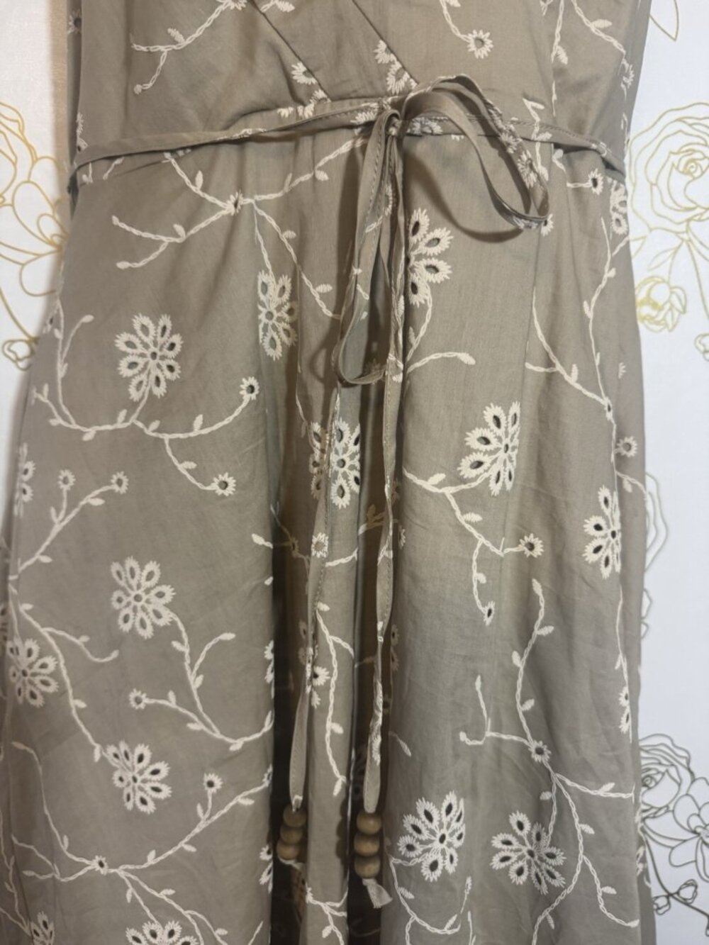 Joie Dress Size 8 Khaki Tan Floral Embroidered Eyelet Halter Wrap - Picture 6 of 9